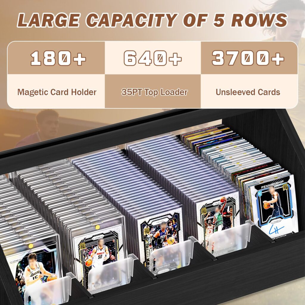 Emfogo Trading Card Display, 3-Tier Card Display Stand with 5-Row Storage, Wooden Graded Card Display, Large Capacity Sports Cards Display Case for Cards Game Collection - Black