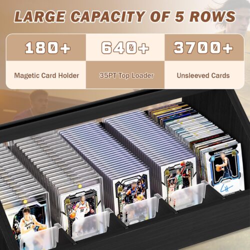 Emfogo Trading Card Display, 3-Tier Card Display Stand with 5-Row Storage, Wooden Graded Card Display, Large Capacity Sports Cards Display Case for Cards Game Collection - Black