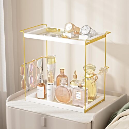 Emfogo Perfume Organizer for Women, 2 Tier Wooden and Metal Cologne Organizer for Men, Large Capacity Perfume Stand Holder Tray for Vanity Bathroom Countertop Organizers and