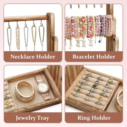 Emfogo Jewelry Organizer Stand, 4 Tier Wood Bracelet Holder With Necklace Holder, Rustic Large Capacity Jewelry Holder Display for Bracelets Bangles Necklaces Rings Watches