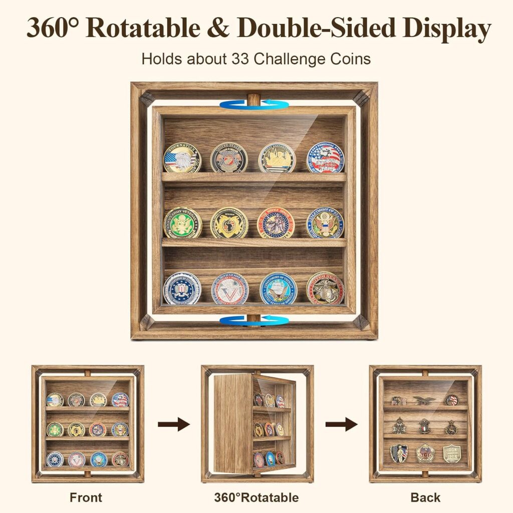 Emfogo Double-Sided Rotating Challenge Coin Display, Wooden Military Coin Holder Holds 33 Coins for Desktop, 6-Row Display Stand for Honoring Veterans & Collectors