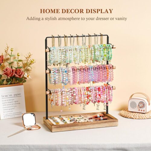 Emfogo Jewelry Organizer Stand, 5 Layer Wood & Metal Bracelet Holder with Necklace Holder Pole, Large Capacity Jewelry Display Holder for Bracelets Necklaces Rings Watches