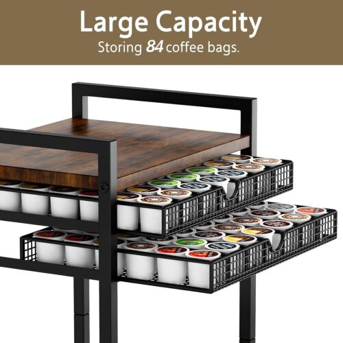 Emfogo Coffee Cart Station, 4-Tier Coffee Station Organizer with Lockable Wheels, Coffee Pod Holder Drawer Holds 84 Pods, Coffee Bar Cart for Kitchen, Living Room, Office, Rustic