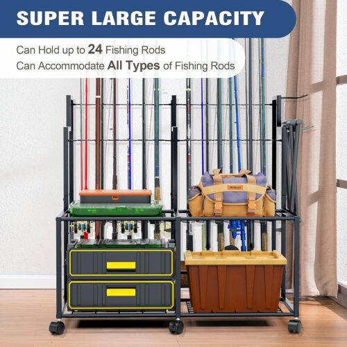 Emfogo Fishing Rod Holders for Garage, 24 Rod Fishing Pole Rack Cart with Wheels, Fishing Rod Storage Organizer with Shelves, Rolling Tackle Storage Rack for Fishing Gear, Garage