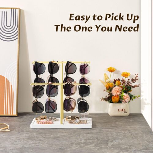 Emfogo Sunglass Organizer, 2-Tier Sunglasses Display Rack for 16 Pairs of Eyewear, Jewelry Holder Stand with Wood Tray Storage for Earrings, Bracelets, Rings & Watches
