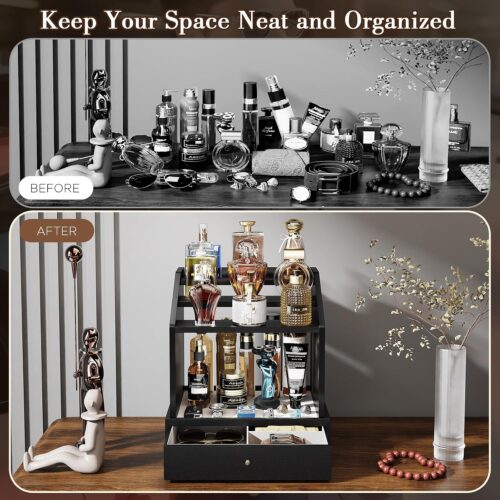 Emfogo Cologne Organizer for Men, Large-Capacit Perfume Organizer for Men with 2-in-1 Design, 3-tier Cologne Stand, Wood Perfume Holders, Cologne Storage Display with Spacious