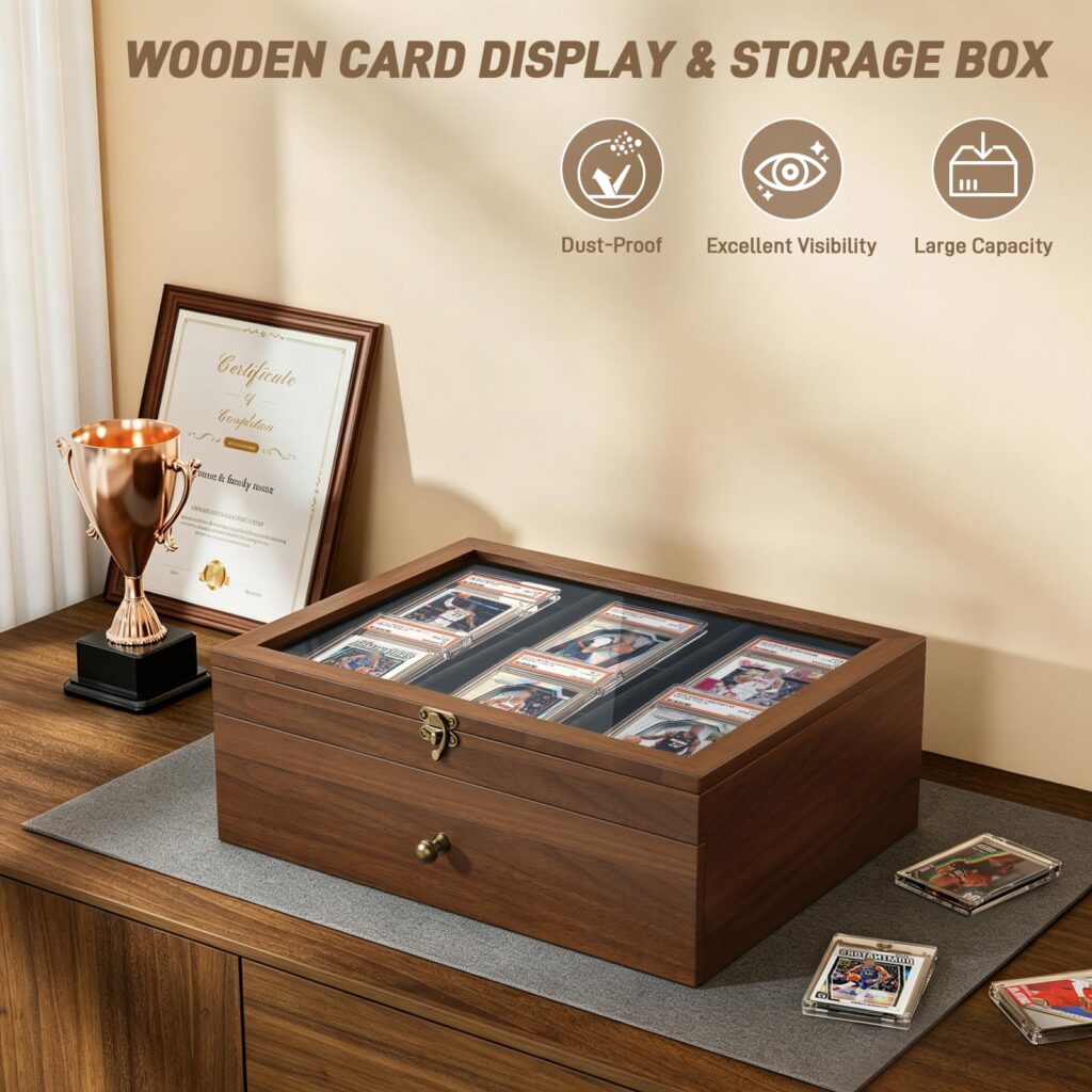 Emfogo Trading Card Storage Box, Wooden Graded Sports Card Display Case