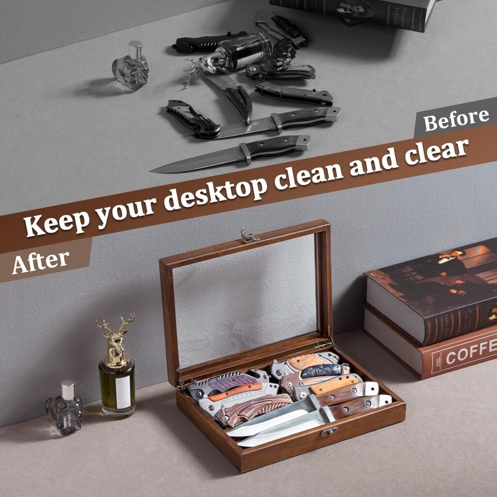 Emfogo Wooden Knife Display Case, Pocket Knife Organizer for Men's Collection & EDC Gear