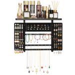 Black wall-mounted jewelry organizer with necklace, earring and ring storage