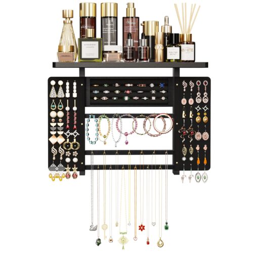 Black wall-mounted jewelry organizer with necklace, earring and ring storage