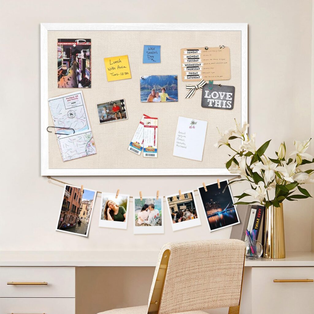 Emfogo Large Bulletin Board 23x18inch with Linen Rope Cork Boards Wall Decor Picture Framed Display Board Hanging Pin Board Vision Board Bulletin Cork Board for School Office Room