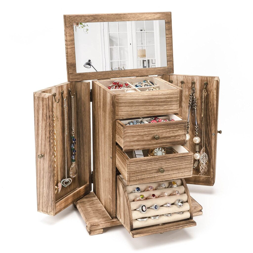 Emfogo Jewelry Box for Women, Rustic Wooden Jewelry Boxes & Organizers with Mirror, 4 Layer Jewelry Organizer Box Display for Rings Earrings Necklaces Bracelets