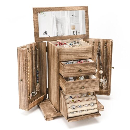 Emfogo Jewelry Box for Women, Rustic Wooden Jewelry Boxes & Organizers with Mirror, 4 Layer Jewelry Organizer Box Display for Rings Earrings Necklaces Bracelets
