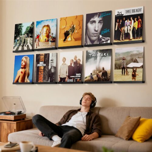 Emfogo Vinyl Record Shelf Wall Mount, 12 Pack Album Record Holder Wall, 12 inch Vinyl Record Storage Shelves Wall, Wood Record Display for Living Room