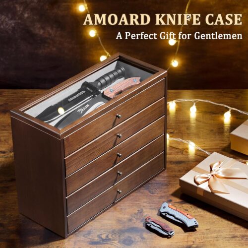 Emfogo 5-Tier Large Knife Display Case & Organizer, Wooden Pocket Knife Storage Box with Transparent Lid, Collector-Grade Holder for Folding Knives and Daggers, Ideal Men‘s Gift