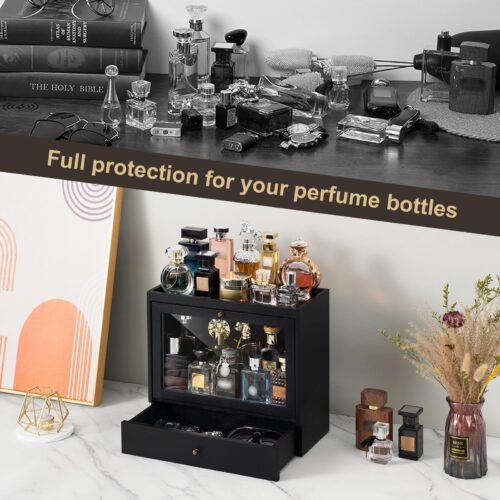 Emfogo Cologne Organizer for Men, Solid Wood Perfumes Organizer for Men Dresser, Large Capacity Dustproof Cologne Holder with Drawer Storage Perfume Stand Organizer, Ideal Gift for