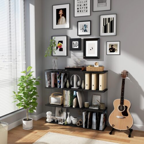 Emfogo Vinyl Record Storage, Metal & Wooden Vinyl Record Holder Up to 80 Album, 3-Compartment Record Player Stand for Magazine, Book, Files, Albums