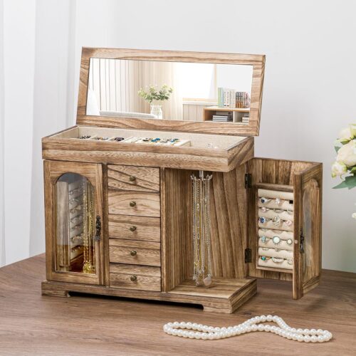 Emfogo Jewelry Box for Women Girls, Rustic Wooden Jewelry Organizer Box with Mirror, 5 Layer Jewelry Storage Case Display for Necklaces Earrings Rings Bracelets Valentine's Day