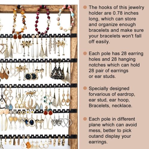 Emfogo Earring Holder Organizer, 6 Tier Earring Display Stand with 285 Holes & 6 Bracelet Rods, Rustic Wood Jewelry Organizer for Earring Bracelet Necklace Ring, Gifts for Women