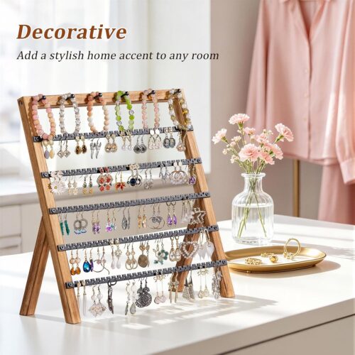 Emfogo Earring Holder Organizer, 6 Tier Earring Display Stand with 285 Holes & 6 Bracelet Rods, Rustic Wood Jewelry Organizer for Earring Bracelet Necklace Ring, Gifts for Women