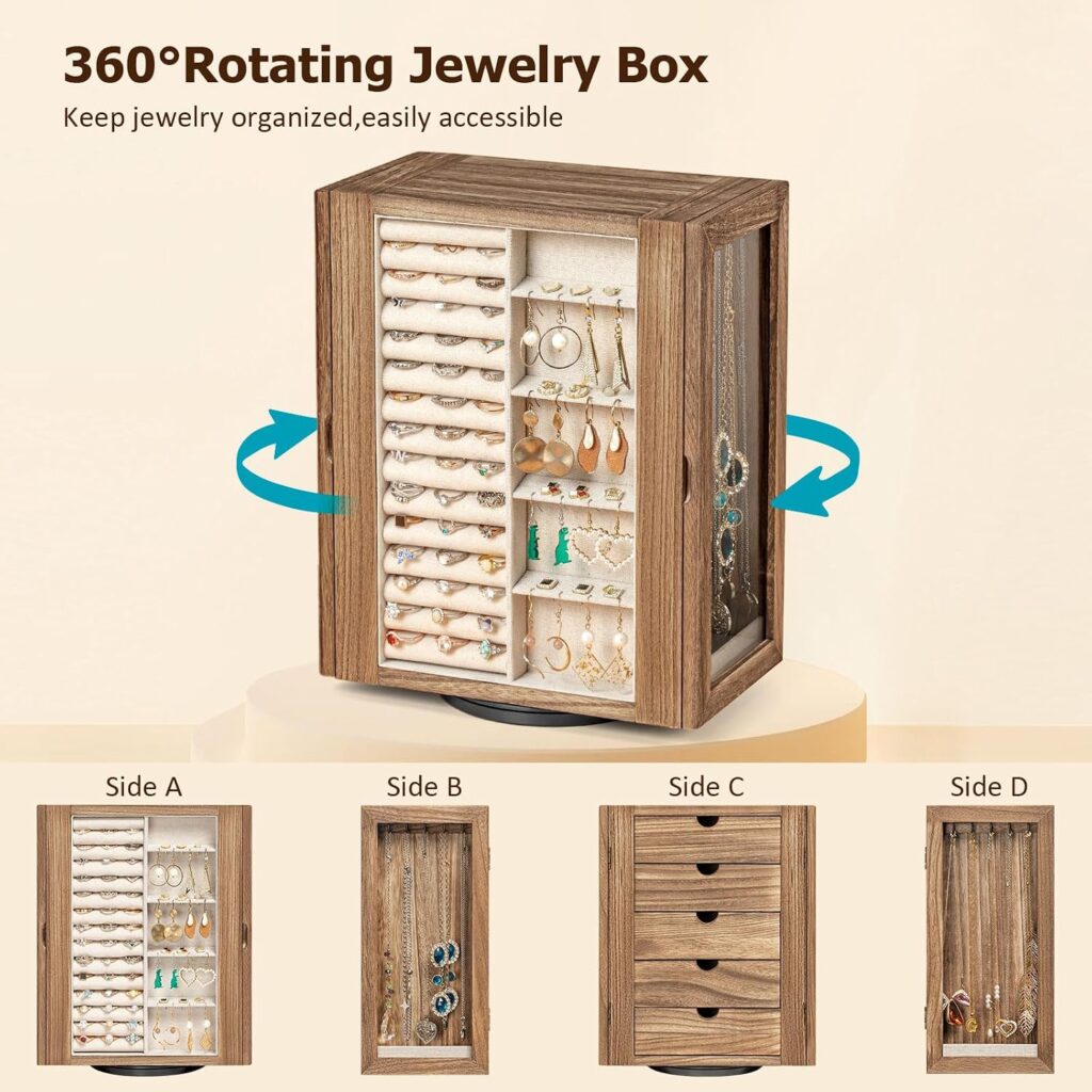 Emfogo 360° Rotating Jewelry Box for Women, Rustic Wooden Jewelry Organizer Box with 5 Drawers, Glass Doors, Vertical Open Design Jewelry Storage Case Display for Earrings Rings