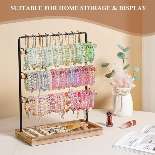 Emfogo Jewelry Organizer Stand, 5 Layer Wood & Metal Bracelet Holder with Necklace Holder Pole, Large Capacity Jewelry Display Holder for Bracelets Necklaces Rings Watches