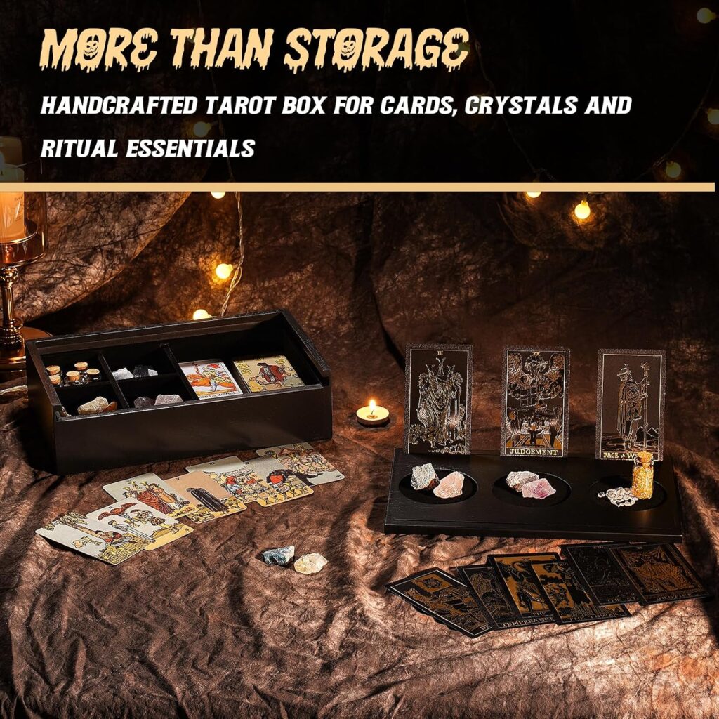Emfogo Wooden Tarot Card Holder - Slide-Top Lid with 2 Card Slots Holds 8 Cards & Displays Crystals, Multi-Compartment Organizer for Jewelry, Trinket, Keepsake, Witchcraft Supplies