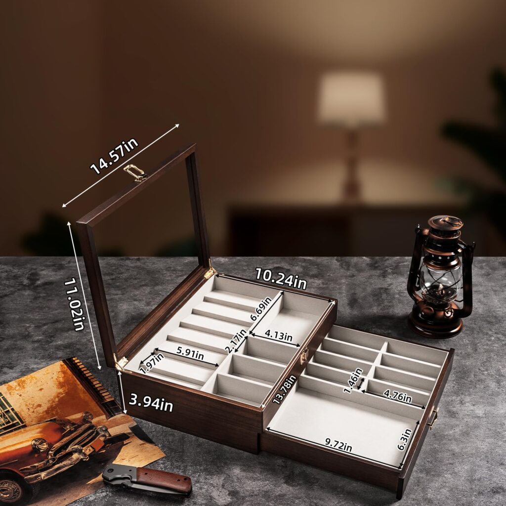 Emfogo Pocket Knife Display Case for Collection of 18-24 Folding Knives, Pocket Case with Real Glass Window Top, Two-Tier Knife Organizer Storage Box, Men's Gift