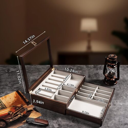 Emfogo Pocket Knife Display Case for Collection of 18-24 Folding Knives, Pocket Case with Real Glass Window Top, Two-Tier Knife Organizer Storage Box, Men's Gift