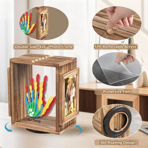 Emfogo 360 Rotating Family Handprint Kit, DIY Craft Keepsake Wooden Frame, Baby Footprint Kit, 5 Paint Colors Included, Non-Toxic Paints&Transparent Sheets, Gifts for Handprint Family Keepsake - Brown