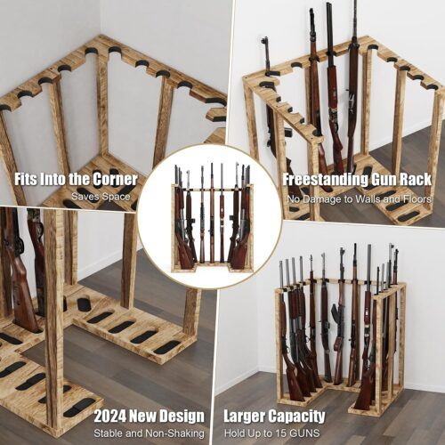 Emfogo Indoor Gun Rack Corner Wood Heavy Gun Rack Rifle Stand Display Shotgun Organizer and Storage Racks Stable Support for 15 Guns