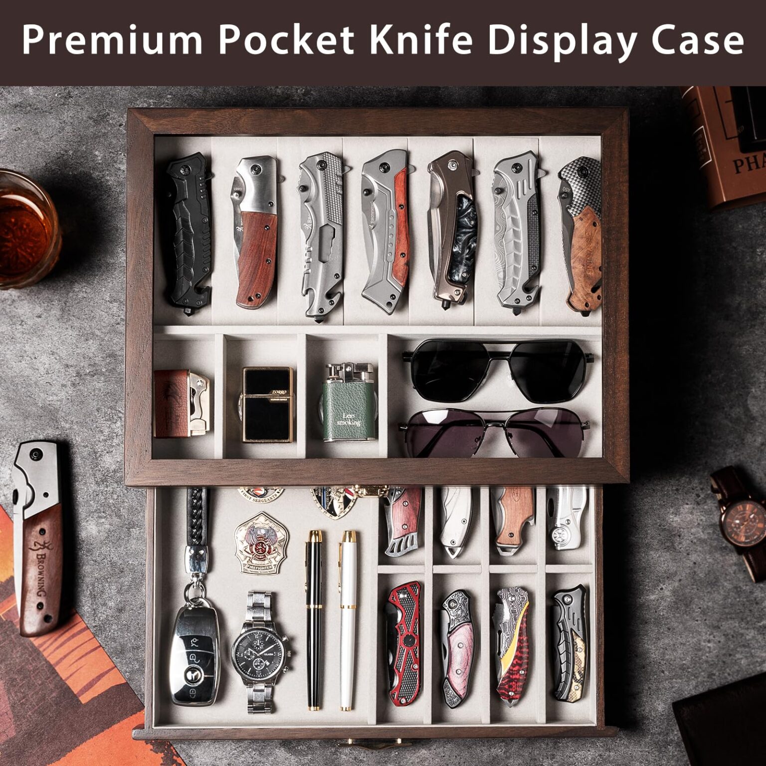 Emfogo Pocket Knife Display Case for Collection of 18-24 Folding Knives, Pocket Case with Real Glass Window Top, Two-Tier Knife Organizer Storage Box, Men's Gift