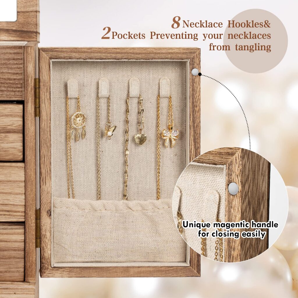 Emfogo Jewelry Box for Women Wooden Jewelry Boxes & Organizers 5-Layer Rustic Large Jewelry Organizer Box with Mirror & 8 Drawers for Rings Earrings Necklaces Bracelets Women Girls