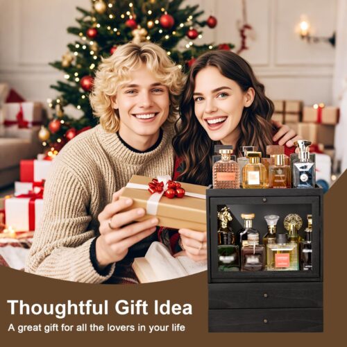 Emfogo Cologne Organizer, 4 Tier Vertical Wood Perfume Stand for Men, Large Capacity Dustproof Perfumes Organizer Cologne Stand with Double Drawer Storage, Gift for Loved ones