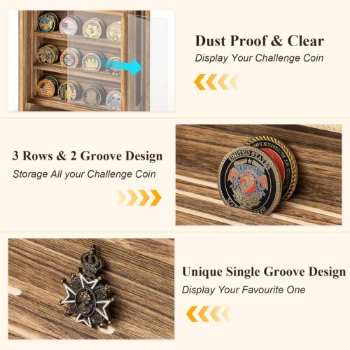 Emfogo Double-Sided Rotating Challenge Coin Display, Wooden Military Coin Holder Holds 33 Coins for Desktop, 6-Row Display Stand for Honoring Veterans & Collectors