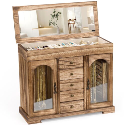 Emfogo Jewelry Box for Women Girls, Rustic Wooden Jewelry Organizer Box with Mirror, 5 Layer Jewelry Storage Case Display for Necklaces Earrings Rings Bracelets Valentine's Day
