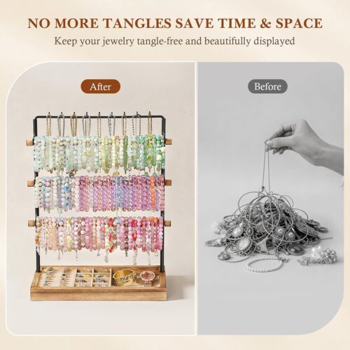 Emfogo Jewelry Organizer Stand, 5 Layer Wood & Metal Bracelet Holder with Necklace Holder Pole, Large Capacity Jewelry Display Holder for Bracelets Necklaces Rings Watches