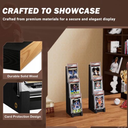 Emfogo Card Display Stand (4 Pack), Wooden 3 Tier Sports Graded Card Display, Trading Card Display Stand for Sports Card Collection & Show, Black