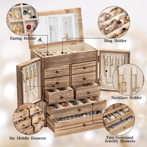 Emfogo Jewelry Box for Women Wooden Jewelry Boxes & Organizers 5-Layer Rustic Large Jewelry Organizer Box with Mirror & 8 Drawers for Rings Earrings Necklaces Bracelets Women Girls