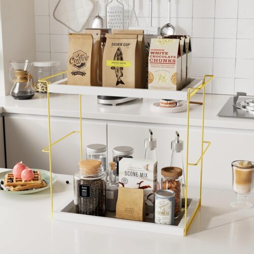 Emfogo Perfume Organizer for Women, 2 Tier Wooden and Metal Cologne Organizer for Men, Large Capacity Perfume Stand Holder Tray for Vanity Bathroom Countertop Organizers and