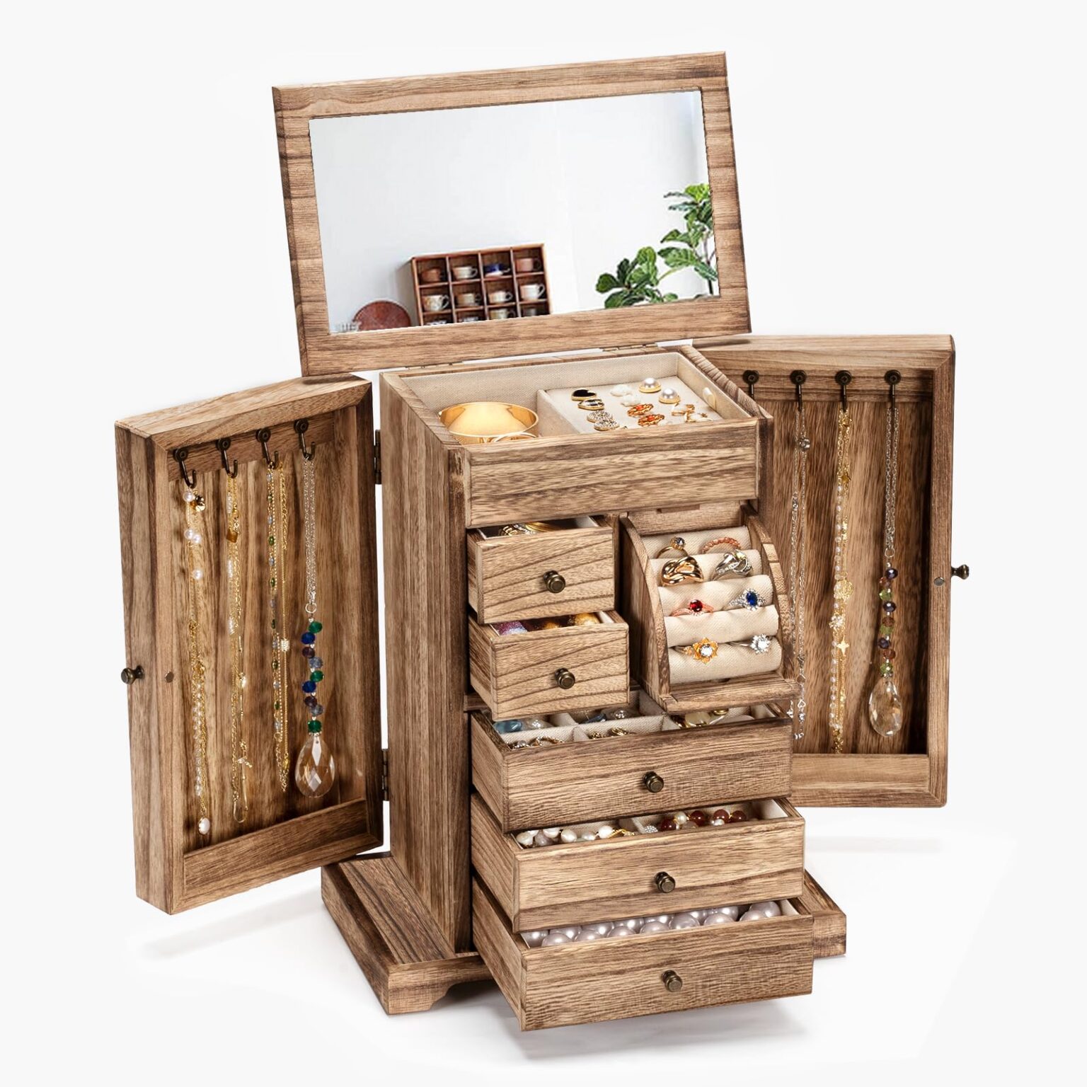 Emfogo 6-Layer Wooden Jewelry Box with Mirror for Women - Black