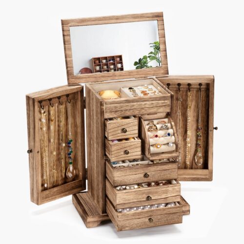 Emfogo 6-Layer Wooden Jewelry Box with Mirror for Women - Black