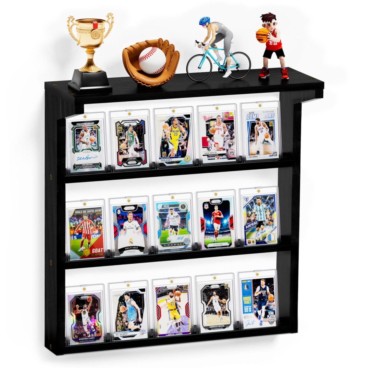 Emfogo Trading Card Display Stand for Wall, 3 Tier Wooden Graded Card Display Stand, Sports Card Display Case, Trading Card Stands for Display Collection, Black