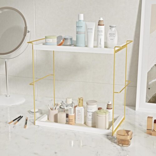 Emfogo Perfume Organizer for Women, 2 Tier Wooden and Metal Cologne Organizer for Men, Large Capacity Perfume Stand Holder Tray for Vanity Bathroom Countertop Organizers and