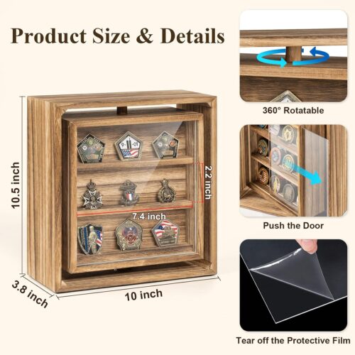 Emfogo Double-Sided Rotating Challenge Coin Display, Wooden Military Coin Holder Holds 33 Coins for Desktop, 6-Row Display Stand for Honoring Veterans & Collectors