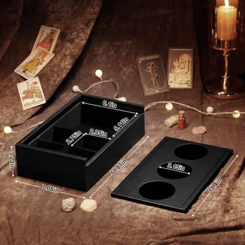 Emfogo Wooden Tarot Card Holder - Slide-Top Lid with 2 Card Slots Holds 8 Cards & Displays Crystals, Multi-Compartment Organizer for Jewelry, Trinket, Keepsake, Witchcraft Supplies