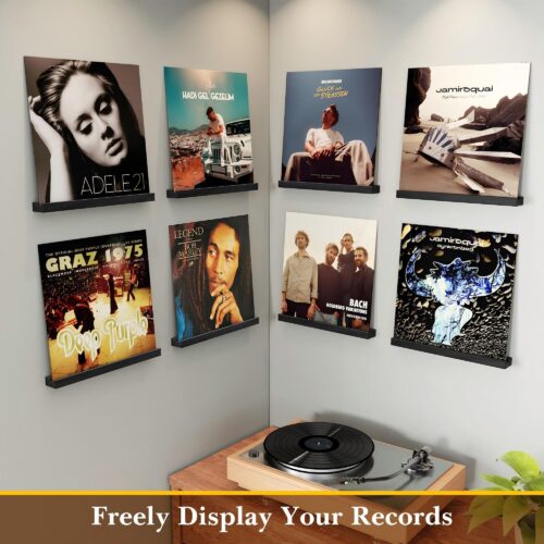 Emfogo 8 Pack Vinyl Record Shelf Wall Mount, Record Holder Wall, 12 inch Album Vinyl Record Storage Shelves Wall, Wood Record Display for Living Room