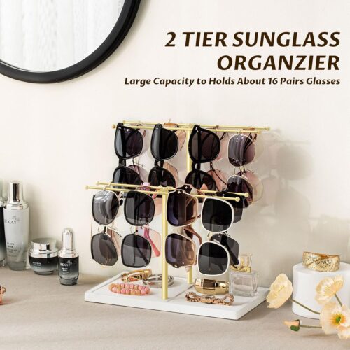 Emfogo Sunglass Organizer, 2-Tier Sunglasses Display Rack for 16 Pairs of Eyewear, Jewelry Holder Stand with Wood Tray Storage for Earrings, Bracelets, Rings & Watches