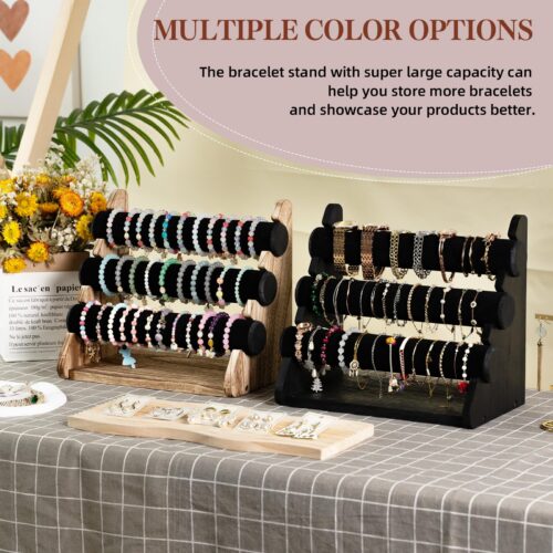 Emfogo Triple Bracelet Holder Wooden Jewelry Display Stand Watch Bangle Bar Necklace Storage Organizer Bangle Scrunchie Organizer Holder for Store, Showcase and Home Storage