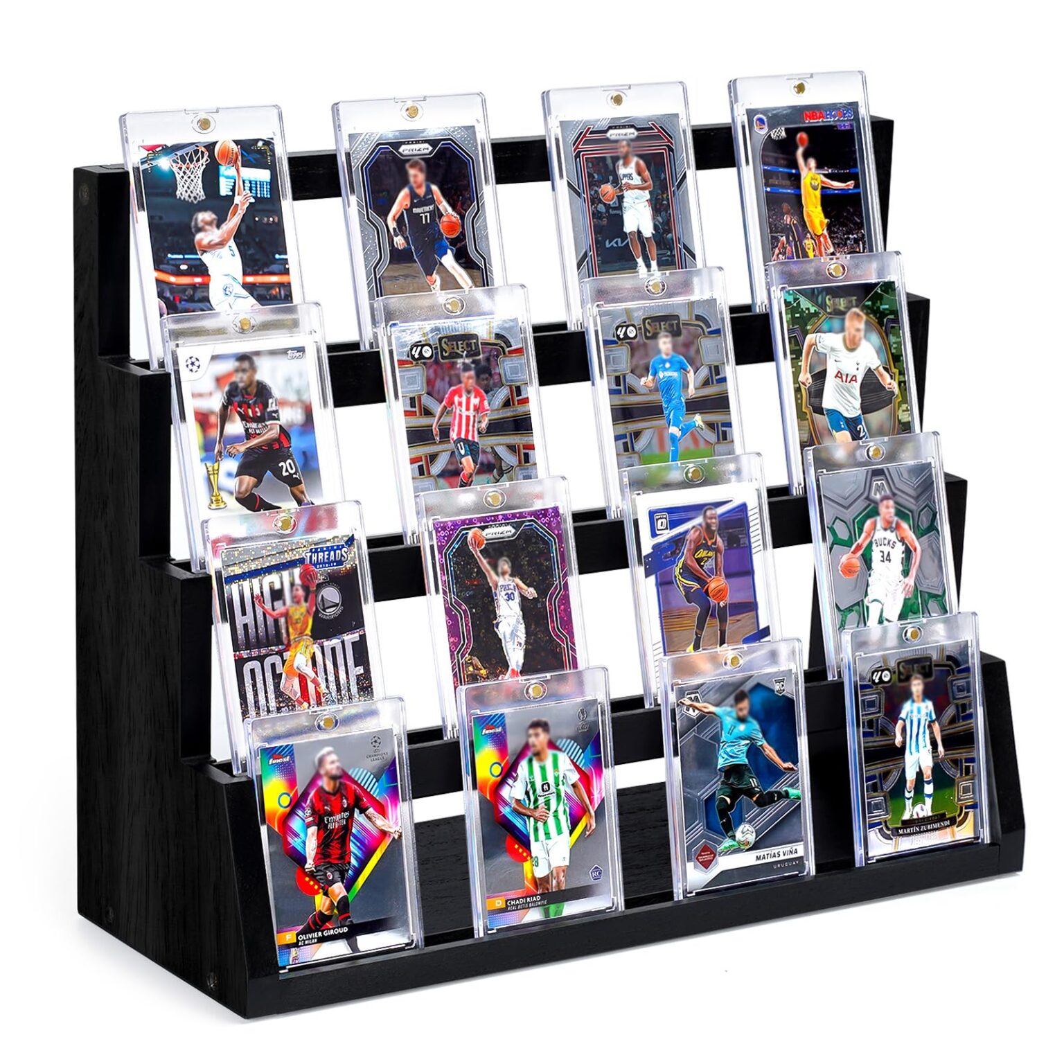 Emfogo Card Display Stand, 4-Tier Trading Card Display with Solid Base, Wooden Graded Sports Card Display, Trading Card Display Stand for Card Collection & Show